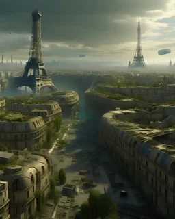 view of a futuristic Paris in a post atomic catastrophic way, with lots of buildings in ruins