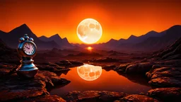 The image depicts a surreal landscape at sunset with an orange sky and a large full moon casting a warm glow over the scene. In the foreground, there is a reflective metallic structure and a vintage clock resting on a rocky surface, suggesting themes of time and nature. The background features a rugged terrain with mountains silhouetted against the luminous sky.