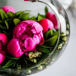 Cinematic shot of peonies inside a glass bowl, glass, crystal, dewdrops, warm lighting, luxurious, terrarium