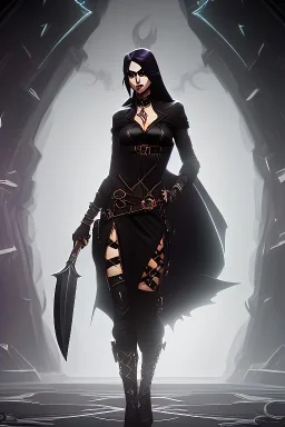 mature evil witch in black leather gown with a leather whip in her hand, big chest, angry face, inside a dungeon