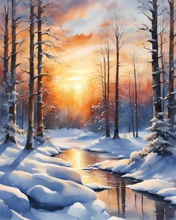 Create a beautiful and highly detailed watercolor painting of a snowy winter sunset. The painting should be in a high-quality 4K resolution, capturing the serene and peaceful atmosphere of the winter landscape. Pay close attention to the intricate details of the snow-covered trees, the soft hues of the setting sun, and the reflections on the icy surface. Ensure that the painting exudes a sense of tranquility and beauty, allowing the viewer to immerse themselves in the winter wonderland.
