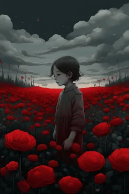 an illustration of a beautiful child with a field with red flowers cloudy in dark aesthetic