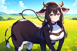 Girl, cow tail, cow horns, cow ears,field