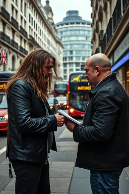 A stalker wants an autograph from a long-haired rock musician on a street in central London. The stalker is an overweight soon bald 25-year-old and looks a bit slimy, the atmosphere is oppressive and unpleasant, lot of traffic and london busses, hectic hour, a nice hotel