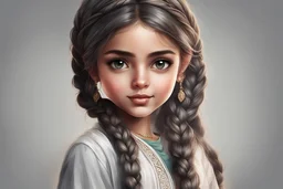 Create a captivating digital art piece featuring a cute girl in casual Pakistani attire, with her big grey eyes and a stylish long braid, radiating charm."