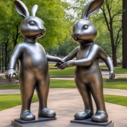 Hyperreal sculpture by John De Andrea, Metal rabbit holding hands with metal girl sculpture in a city park, by Tom Otterness, sculpture art, subdued, quirky cute hyperreal characters, natural lighting, hyperrealism