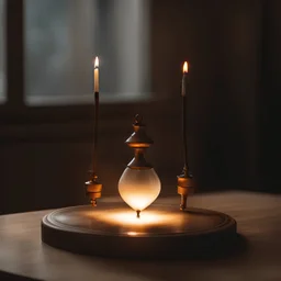 péndulo de bronce girando sobre una mesa radiónica de madera. Fondo de humo ondulante de sahumerio encendido y vela ardiendo