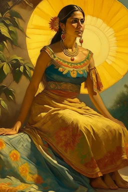 mexican woman with long dress painting neoclassism whole body zoom the sun