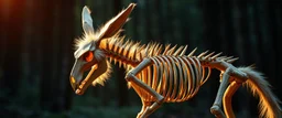 radiant wooden werewolf donkey Skeleton with fluffy fur, motion blur background dark forest
