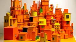 An orange colored town made out of toys painted by Piet Mondrian