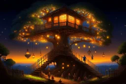 The tree of Heavens, huge tree floating heaven, warm and cozy, many huts on the tree, people, huge railing, firelights, blossoms, christmas decorations, fireflies, beautiful, Serene, Warm place