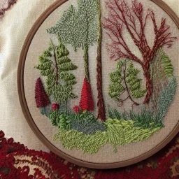 exquisite whimsical forest in embroidery hoop, intricate, highly detailed, linen and wood backdrop