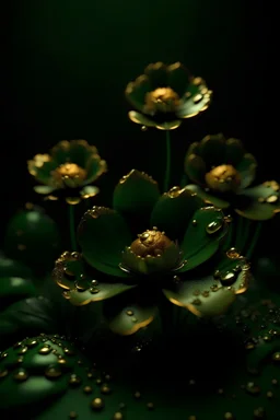 Fabulous gold flowers with drops of water on a dark green background, 8k, with darning