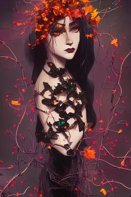 abstract creation of a beautiful girl with black curly hair, surrounded by black roses, thick metal chain broken, glass petals on the ground, autumn colours,dried out thorn bush, chaos,