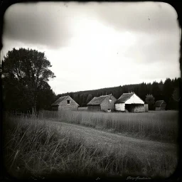 Daguerrotype old wooden landscape odd creepy obsessive paranoid nostalgia, distant village