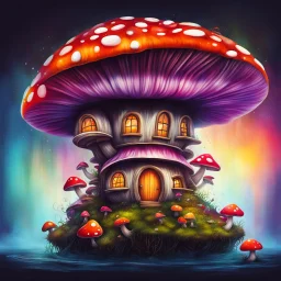 mushroom house on a floating space island. Bright Bold Bright Colors, Stark Dark background. Fantasy Style. High Quality, Painterly, Whimsical, Fun, Imaginative, Bubbly,