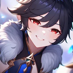 Clear focus,High resolution, black short fluffy hair, long fluffy bangs, and red eyes, Depressed girl, wearing a genshin impact outfit,slight revealing outfit, Smug smile, half closed eyes, smile, full body, Extreme close up, smiling, eyes close