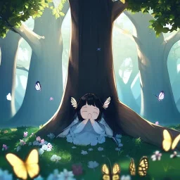 tiny anime girl sleeping in the distance, in a field of flowers, underneath a willow tree, with a butterfly on her nose