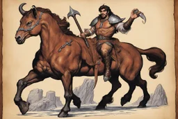 Male Centaur as depicted by Gary Gygax in the D&D Monsters manual, trading card, Dungeons and Dragons aesthetic