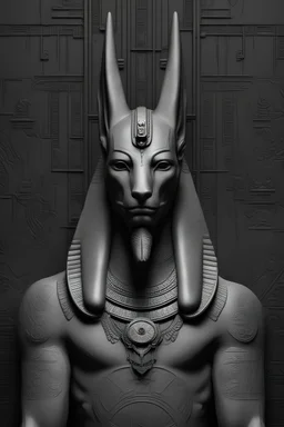 Face of god Anubis, egyptian, serious, perfil, humanoid, piercing , black and white still, digital Art, perfect composition, hieroglyphs, beautiful detailed intricate insanely detailed octane render trending on artstation, 8 k artistic photography, photorealistic concept art, soft natural volumetric cinematic perfect light