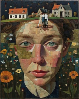A house on the Hill. Life and times, patchwork art by Jamie Heiden, Peter Doig, Renoir, Pol Ledent, Endre Penovac Modifiers: portrait acrylic art surreal Arthur Rackham Optical illusion Debehsque