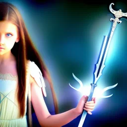 Futuristic adolescent girl hazel eyes in angelic dress with sword