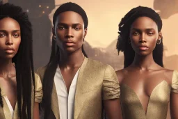 Beautiful black woman with long black hair standing next to twin brother with a scar, fantasy, ethereal, soft lighting, realistic lighting, HD 8K