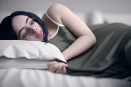 Billie Eilish, on the bed, in my underwear, pale skin, high detail, realistic, 8k, not to be distinguished from a photo