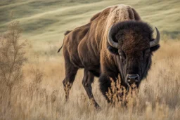 Bison walking uphill towards viewer's right, prairie grasses and plants in foreground, background fades out to completely white