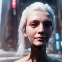 A medium-close-up shot of a young, white-haired nymph woman standing on a sidewalk in a cyberpunk city. The woman only has one head, but also a gentle smile.