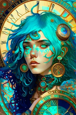 turquoise hair and infinite eyes, arrived using an internal astrolabe navigation from another dimension, she can control your mind with otherwoldly hypnotic beauty, psychadelic and uncommon colorful masterpiece by diego fernandez and Lou LL and klimt trending on