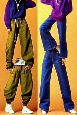 year 1998 women fashion. Loose, baggy, low waist straight suit Combat pants, t-shirt, new kind of hoodie with tippet! recycled denim straight trousers. Colors: denim blue, blue, purple, cream, khaki, "bastel green", lilac, plum, orange, terracotta, red, light yellow, lion yellow, pink, dark blue, beige. Sturnus vulgaris-print. wide belt. Partly latex or leather. Kylie Minogue, Tyra Banks. leg warmer. Cargo pants and hoodie!