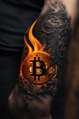 Close view of a Bitcoin logo burned onto the skin of a man's forearm, the mark is still steaming hot, the blacksmith still holding the burning iron, 8k, high quality, realistic, goth theme