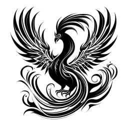 Make black and white cute drawing of a phoenix with black bold lines. Only outline, no grayscale. A glowing phoenix rising from flames.