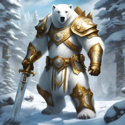 White polar bear big gold armor and white sword snow pines incredibly hyper-detailed 8k artwork