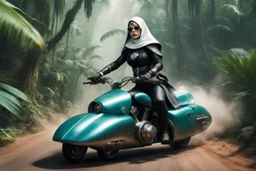 (high res photo by unknown surrealist artist) scifi Princess as a tattooed gangsta nun in her iconic outfit, she is driving a speeder moto in the jungle, aiming with her scifi rigle in hand, ready to shoot