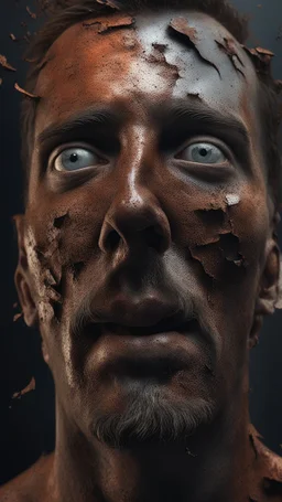 Busch painting style nightmare, a zoomed top view of a man his head is a broken rusted metallic skin texture in a 3d rendering full-height image of a grim and dark scene. Ensure the final images exhibit the utmost quality, encompassing 4K, 8K, and 64K resolutions, with 3D rendering that manifests in photorealistic, hyperrealistic, and highly detailed representations. Employ techniques such as HDR, UHD,