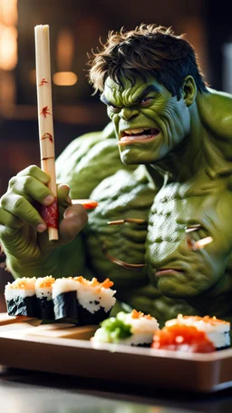 a hulk eating sushi with chopsticks, quality, full, beautiful light, raw photo, 8K UHD, police