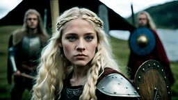 Photo is in sharp focus with high resolution. It is is a closeup portrait of a beautiful and slender caucasian 16 year old teen girl with long wavy platinum blonde hair. She has full lips, a turned up nose, arched eyebrows and large blue eyes. She is wearing viking shield maiden armor with in a Viking camp in Norway. Full daytime. She is gazing at the viewer.