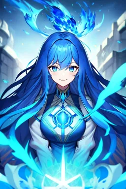 girl, masterpiece, best quality, cinematic lighting, detailed outfit, vibrant colors, perfect eyes, blue hair, long hair, blue eyes, blue fire magic, smile, angry,