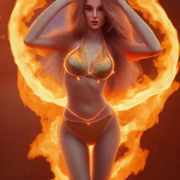 woman made of fire, fire angel, full body portrait, long flowing hair, only wearing bikini made of fire, highly detailed, real life photo, photo quality, extremely detailed, high quality, standing in fire, highly detailed