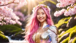 Portrait of a gorgeous smiling asian goddess with a golden dark skin, long smooth clear pink hair, blue eyes, in a sci-fi outfit with luminous strikes in a hill of flowers with sakura trees, a small torrent, loads of mini flowers, moss, sun rays through the branches, particles in the air at spring