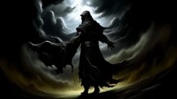 In this chapter full of terrible confrontations, the person finds himself standing before an evil entity that arms him with dark powers to prevent him from revealing the curse and releasing the bag. The dark clouds in the sky reflect the clash taking place in the underworld, where light and darkness come together in a decisive struggle. The evil entity appears majestically, its essence emerging from the shadows as a terrifying form. Eyes illuminated by flames cast evil glances at the person, em