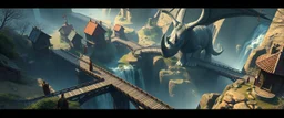 winding bridges in game waterfall and mill labyrinth landscape with houses and fog of war with volumetric light, monks looking up at camera, and big rhino dragon blocking bridge