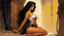 [art by Frank Frazetta] a woman chained to a wall in the basement of a palace in Babylon, wearing nothing but a skirt of leather. You do not remember how you get there, chained like to this wall. You hear music approaching, and laughters, and songs.