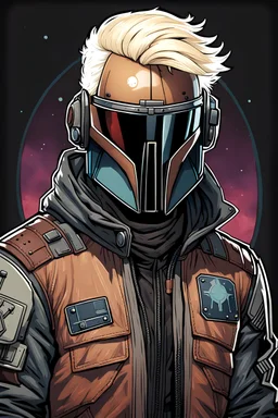 High Quality Science Fiction Character Portrait of an bounty hunter with bleached Hair in a Bomber Jacket. Illustrated in the Style of the Archer Tv Series. Wearing a Mandalorian helmet.