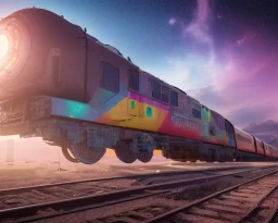 train with graffiti on a rainbow track in outerspace, planets in the background, steam bubbles from chimney, galaxy