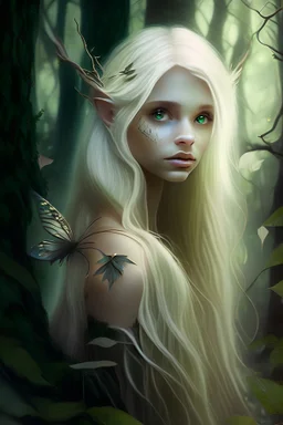 blonde fairy with dark hair in a forest
