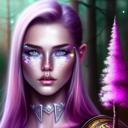 A Halfling woman adventurer with green eyes, sitting against, silver bark tree, pink and purple leaves, Model, glitter, fog