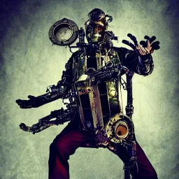 cyborg one man band, full moon background center large, steampunk style, horizontal image, 3d, hd